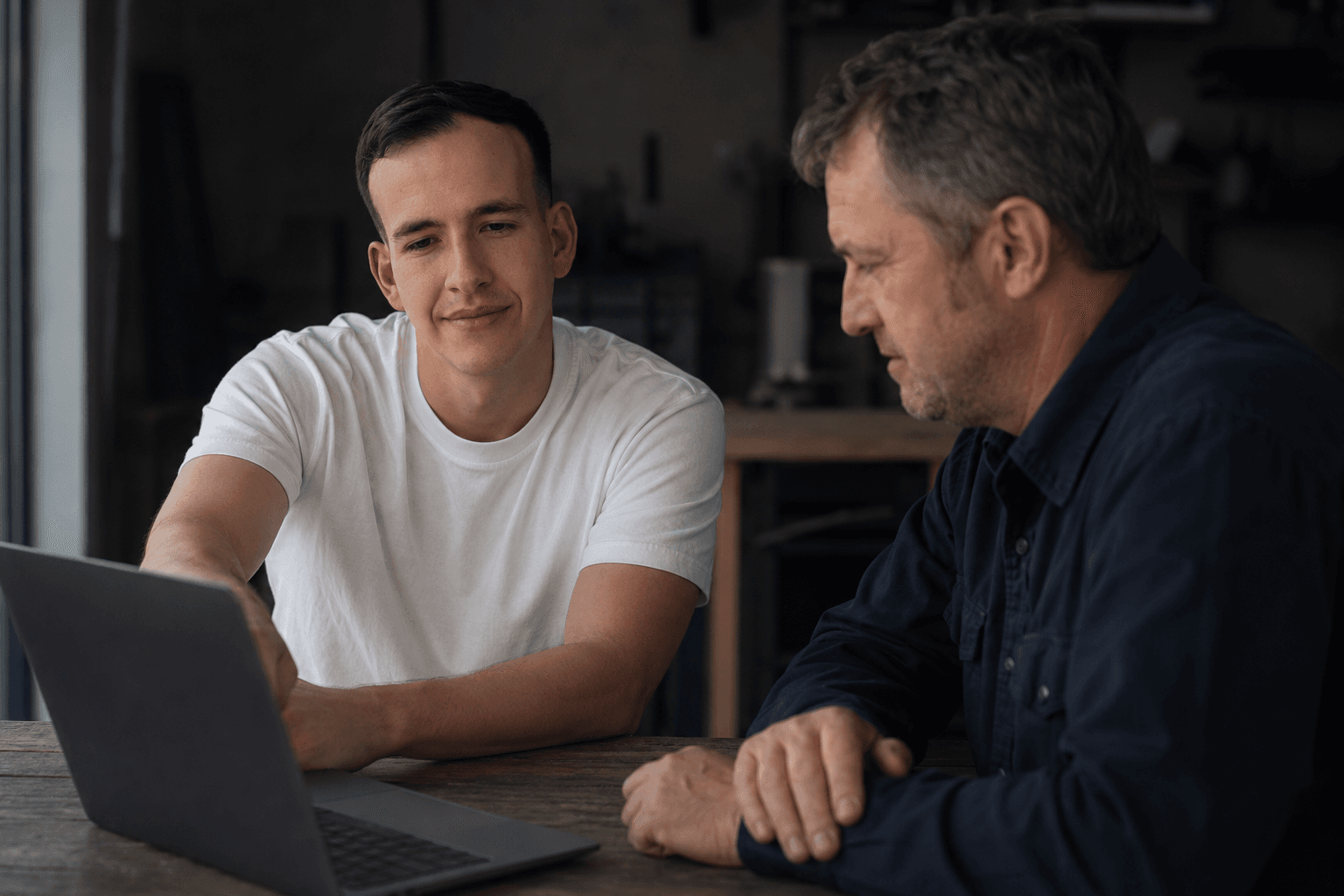 Jorgo im Gespräch mit einem Handwerker am Laptop